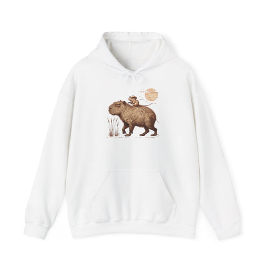 white western capybara hoodie featuring a quirky cowboy-inspired capybara illustration.
