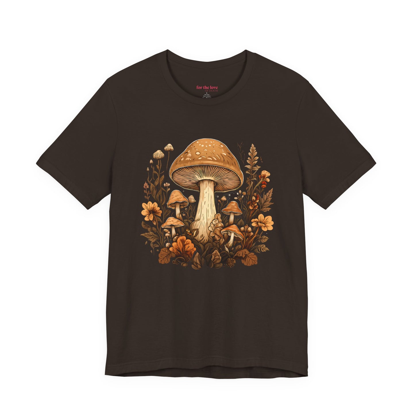 Brown graphic t-shirt featuring vintage style mushrooms surrounded by earthy botanical flowers and woodland plants