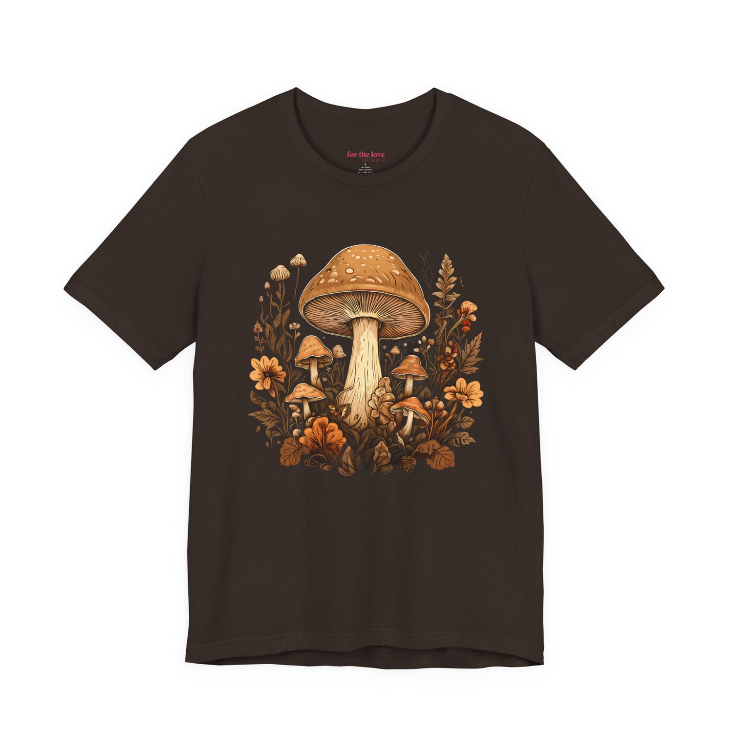 Brown graphic t-shirt featuring vintage style mushrooms surrounded by earthy botanical flowers and woodland plants