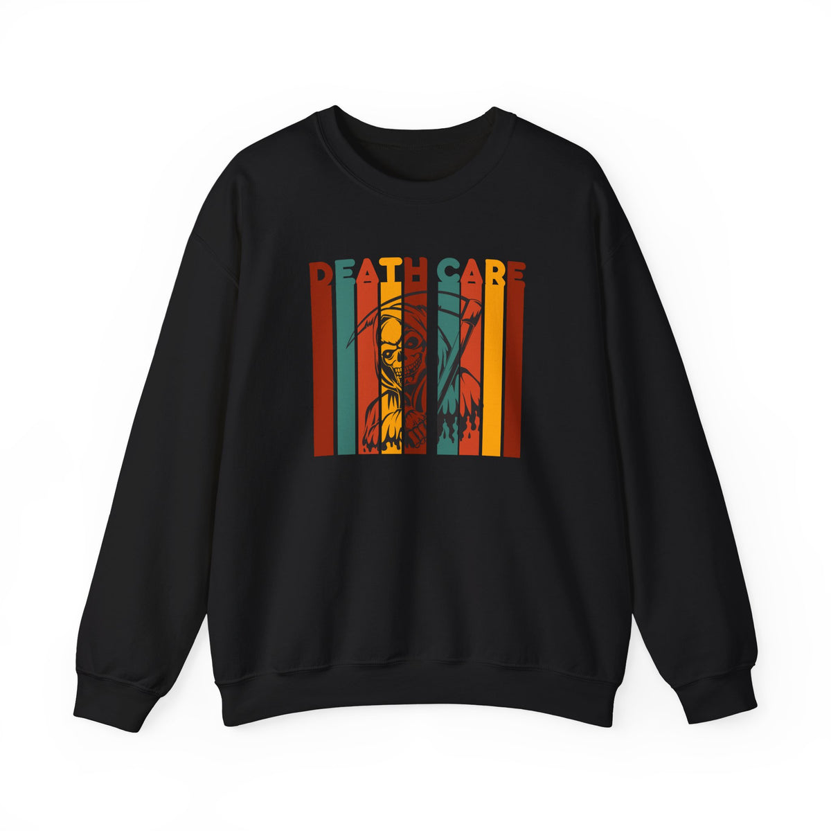 Death Care sweatshirt featuring a retro orange, teal, and yellow grim reaper graphic. Black