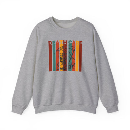 Death Care sweatshirt featuring a retro orange, teal, and yellow grim reaper graphic. Grey
