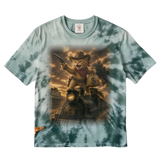 Fern Cowboy Cat Robbing a Steam Engine Tie Die