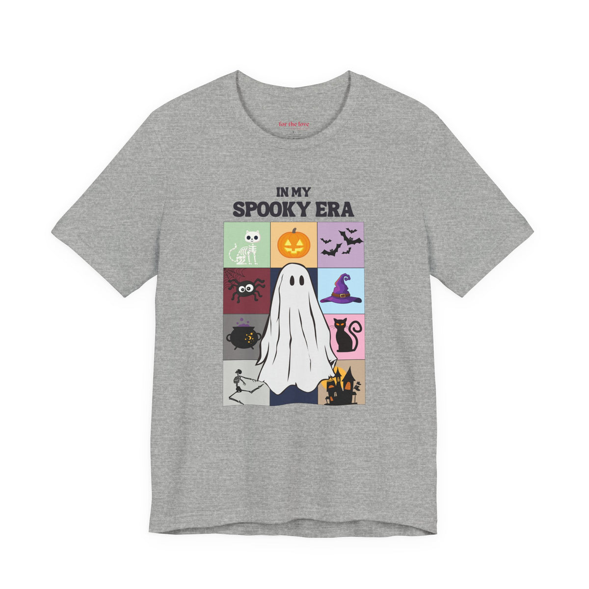 In My Spooky Era T-shirt featuring a cute ghost, pumpkin, bats, skeleton cat, witch hat, and colorful Halloween graphics. Grey