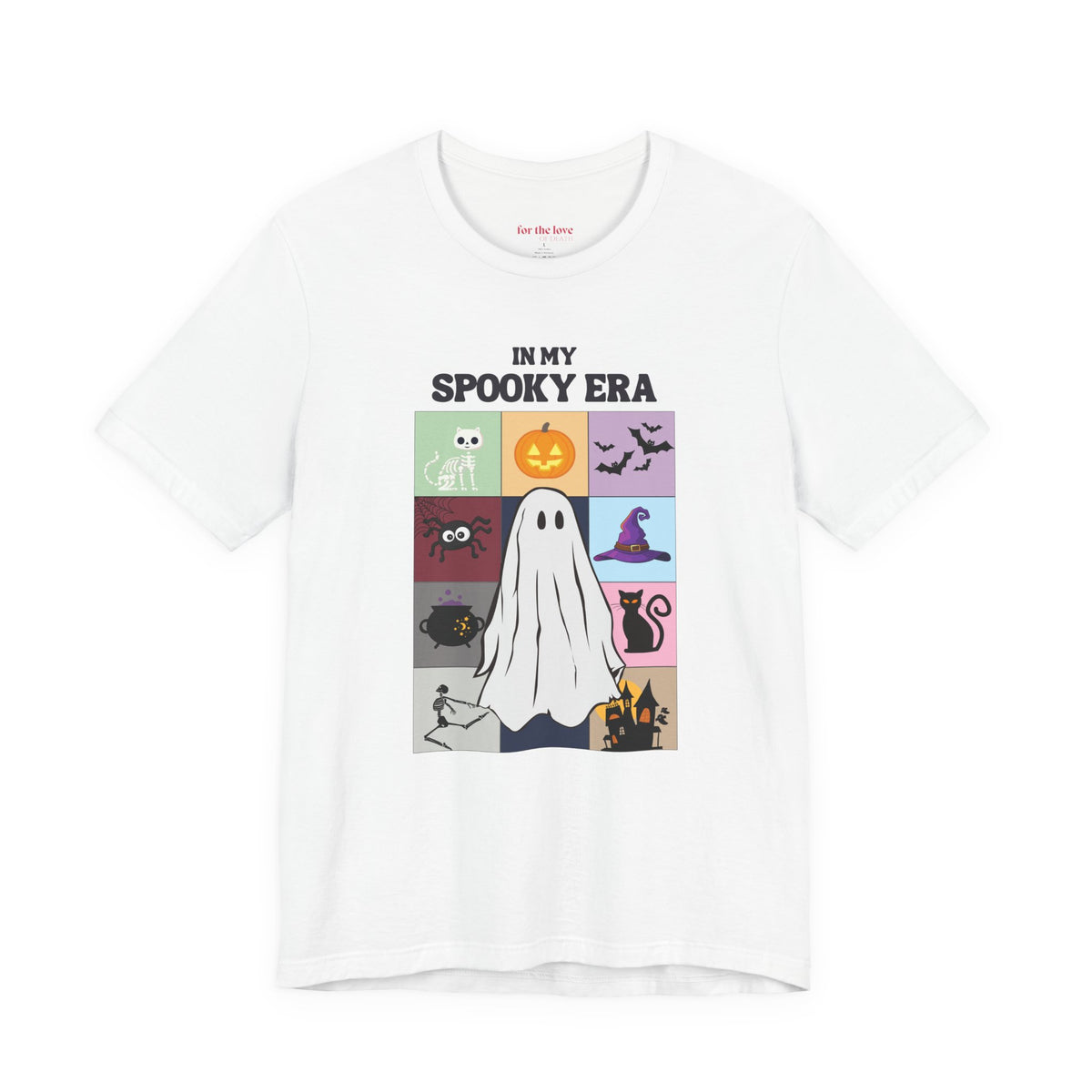 In My Spooky Era T-shirt featuring a cute ghost, pumpkin, bats, skeleton cat, witch hat, and colorful Halloween graphics. White