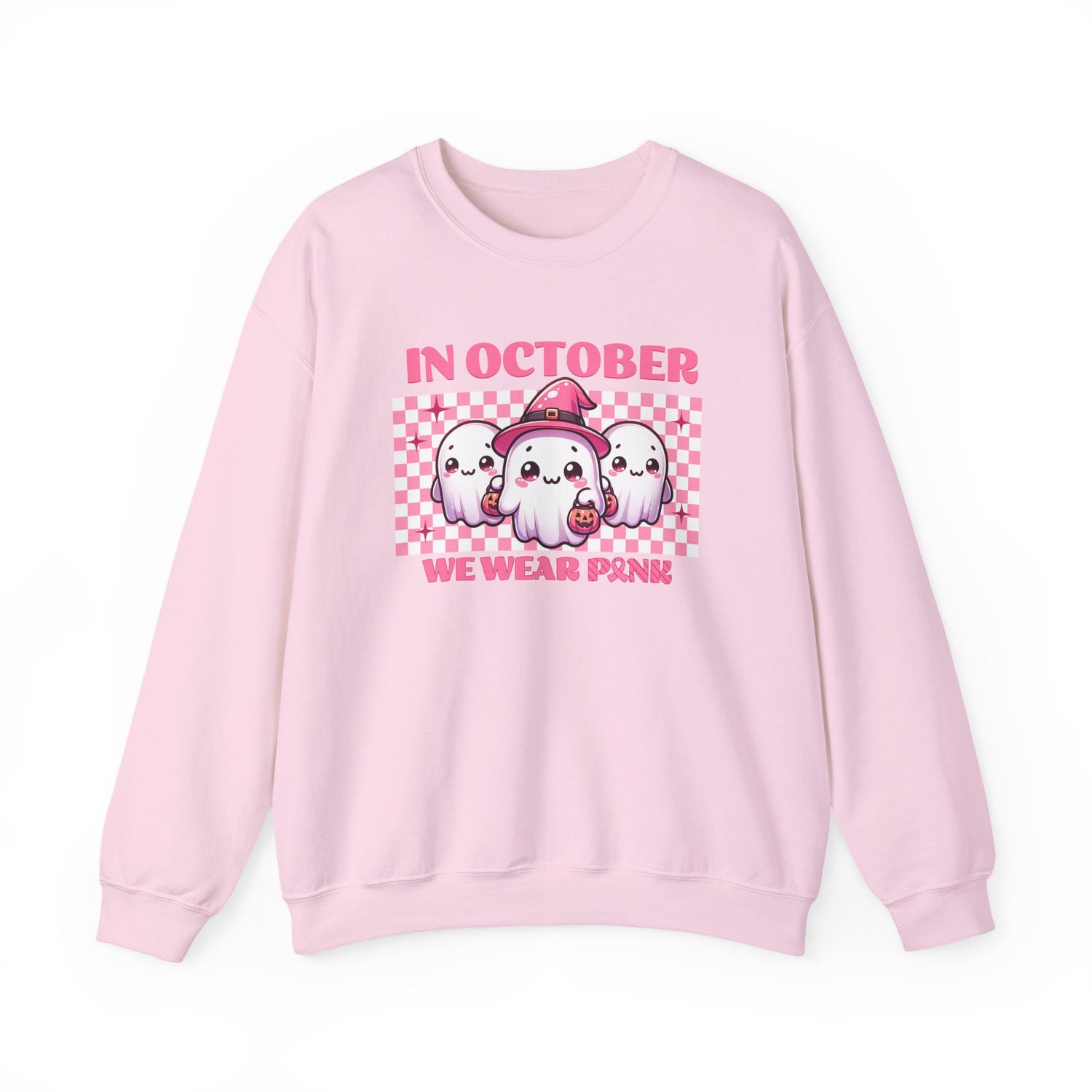pink sweatshirt with cute pink ghosts and the phrase in october we wear pink for breast cancer awareness month and halloween season